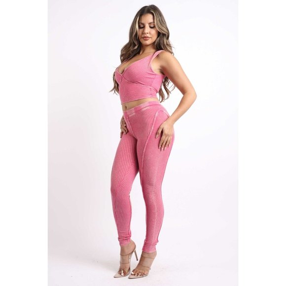 Womens Mineral Washed Crop Top and Matching Leggings Outfit Set Super Cute XS-3X - Picture 5 of 10